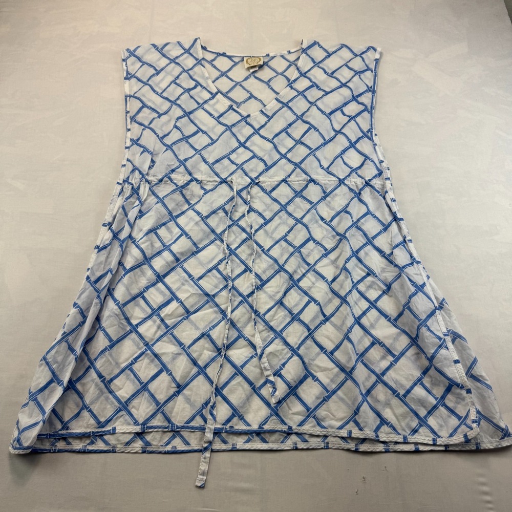 Beaufort Bonnet Cover Up Dress Womens M/L Blue White Bamboo Lattice Lightweight